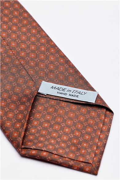 Kahverengi Desenli 7 Fold İpek Kravat