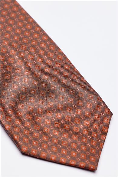 Kahverengi Desenli 7 Fold İpek Kravat