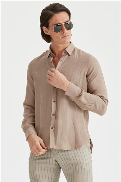 Kahverengi Erkek Keten Gömlek