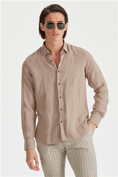 Kahverengi Erkek Keten Gömlek