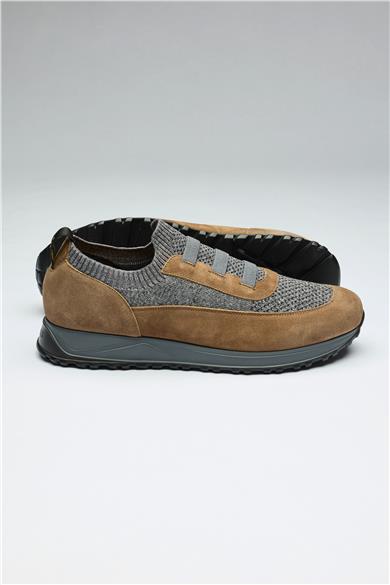Kahverengi Gri Bağcıksız Örgü Deri Sneaker