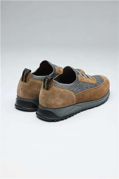 Kahverengi Gri Bağcıksız Örgü Deri Sneaker