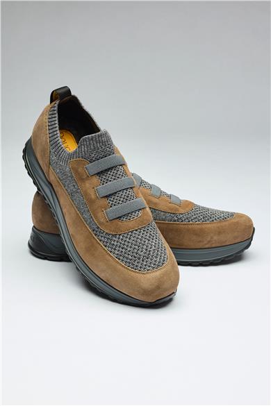 Kahverengi Gri Bağcıksız Örgü Deri Sneaker
