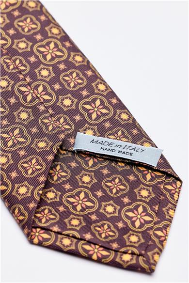 Kahverengi Hardal Desenli 7 Fold İpek Kravat