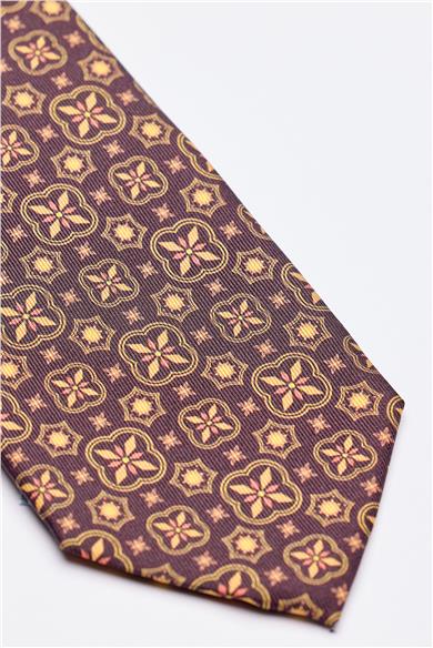 Kahverengi Hardal Desenli 7 Fold İpek Kravat