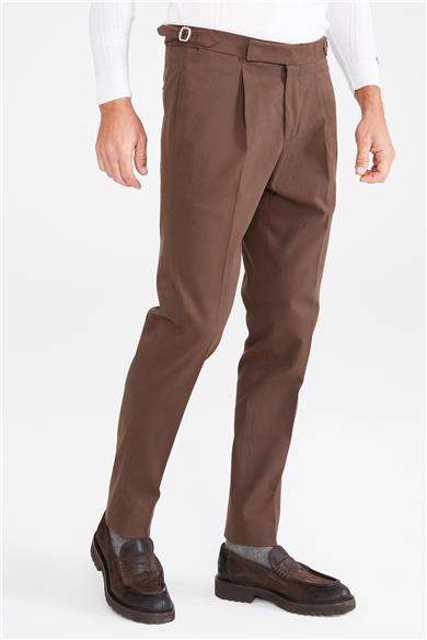 Kahverengi Kemersiz Pileli Pamuk Pantolon