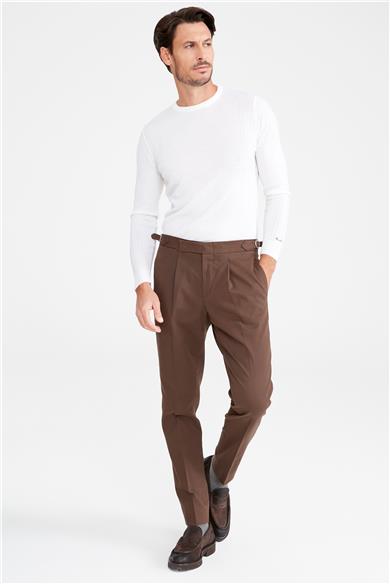 Kahverengi Kemersiz Pileli Pamuk Pantolon