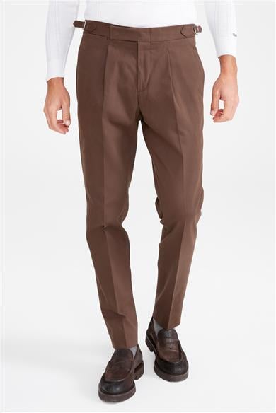 Kahverengi Kemersiz Pileli Pamuk Pantolon