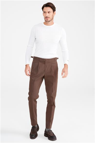 Kahverengi Kemersiz Pileli Pamuk Pantolon