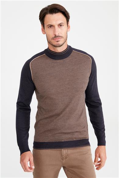 Kahverengi Lacivert Yarım Balıkçı Yün Triko