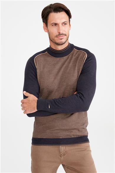 Kahverengi Lacivert Yarım Balıkçı Yün Triko