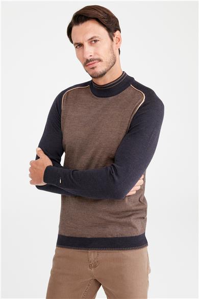 Kahverengi Lacivert Yarım Balıkçı Yün Triko