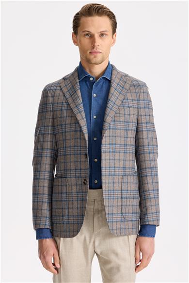 Kahverengi Mavi Ekoseli Yün İpek Ceket
