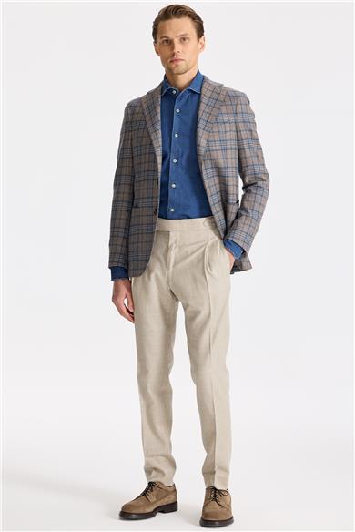 Kahverengi Mavi Ekoseli Yün İpek Ceket