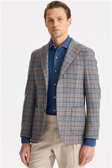 Kahverengi Mavi Ekoseli Yün İpek Ceket