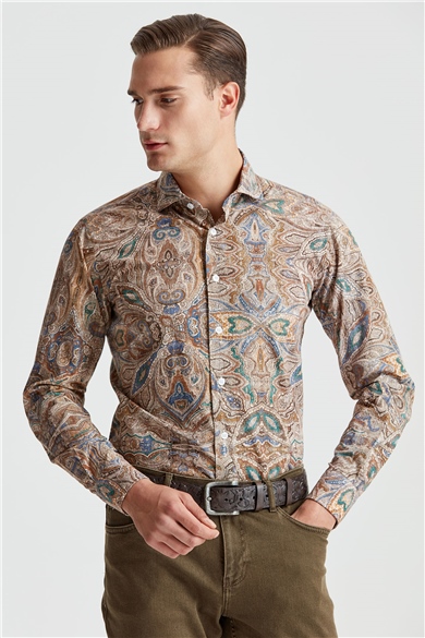 Kahverengi Motifli Pamuk Gömlek