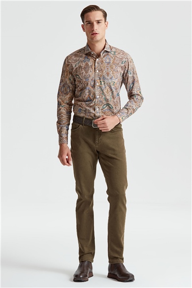 Kahverengi Motifli Pamuk Gömlek