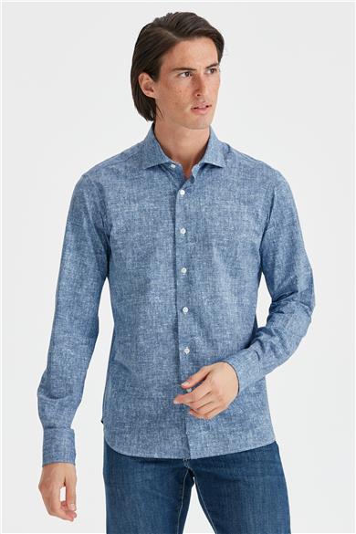 Koyu Mavi Desenli Teknik Kumaş Gömlek