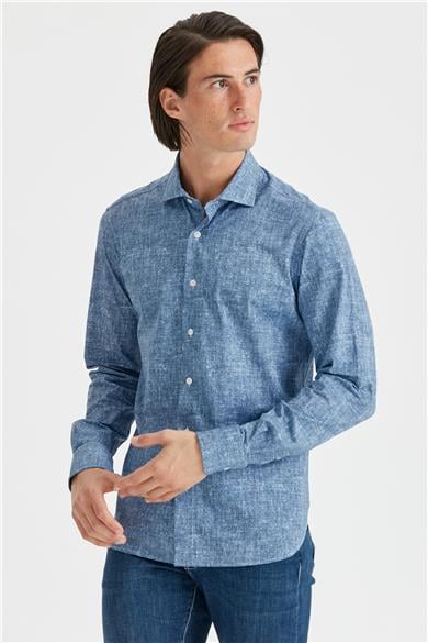 Koyu Mavi Desenli Teknik Kumaş Gömlek