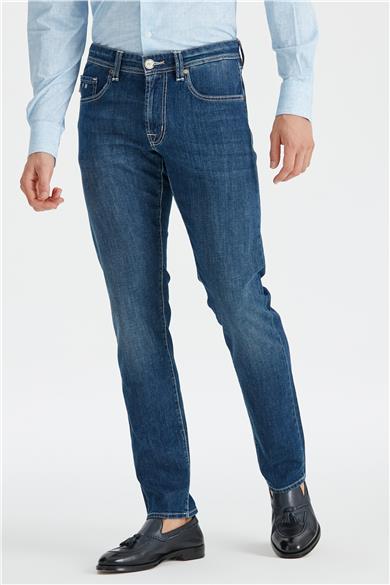 Koyu Mavi Keten Karışımlı Denim Pantolon