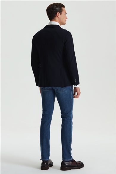 Lacivert Balık Sırtı Desen Kruvaze Ceket