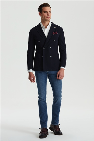 Lacivert Balık Sırtı Desen Kruvaze Ceket