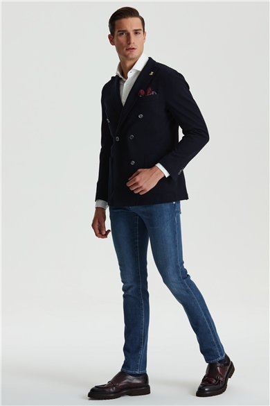 Lacivert Balık Sırtı Desen Kruvaze Ceket