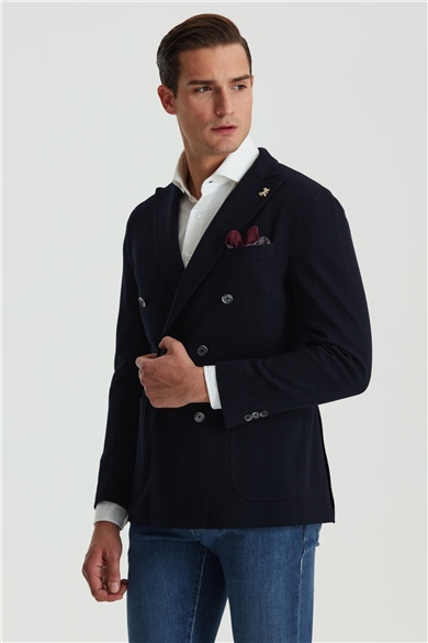 Lacivert Balık Sırtı Desen Kruvaze Ceket