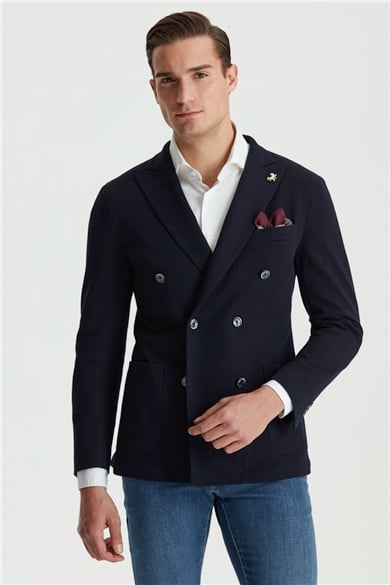 Lacivert Balık Sırtı Desen Kruvaze Ceket