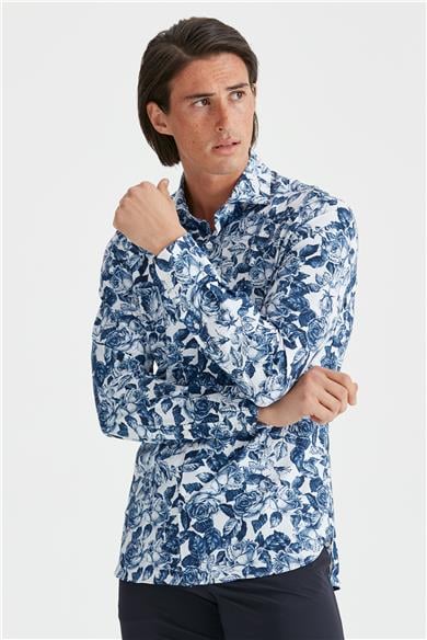 Lacivert Çiçek Desenli Teknik Gömlek