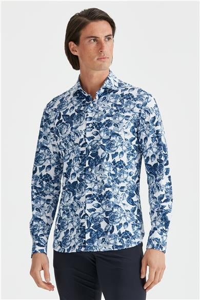 Lacivert Çiçek Desenli Teknik Gömlek