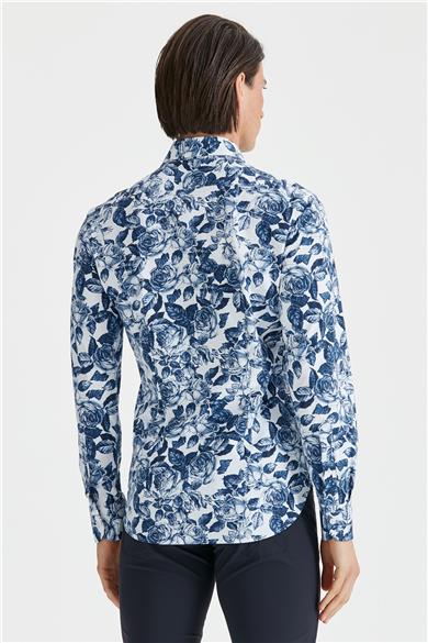 Lacivert Çiçek Desenli Teknik Gömlek