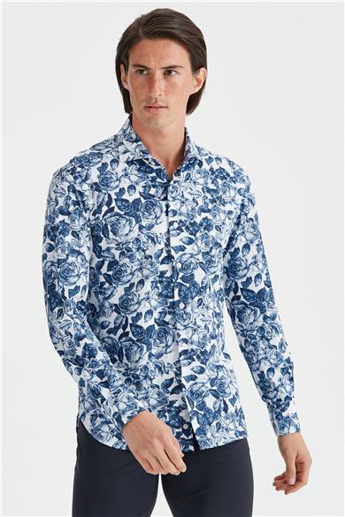 Lacivert Çiçek Desenli Teknik Gömlek