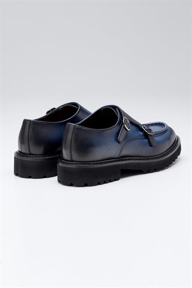 Lacivert Çift Tokalı Deri Ayakkabı