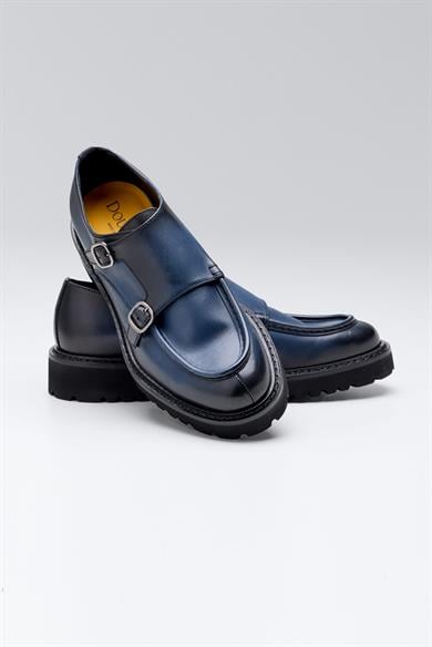 Lacivert Çift Tokalı Deri Ayakkabı