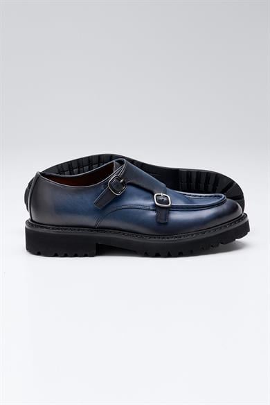 Lacivert Çift Tokalı Deri Ayakkabı