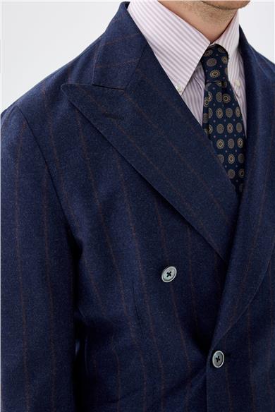 Lacivert Çizgili Kruvaze Yün Takım Elbise