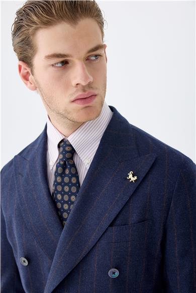 Lacivert Çizgili Kruvaze Yün Takım Elbise