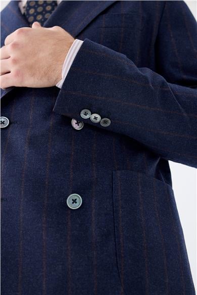 Lacivert Çizgili Kruvaze Yün Takım Elbise