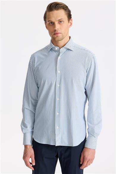 Lacivert Çizgili Teknik Kumaş Gömlek