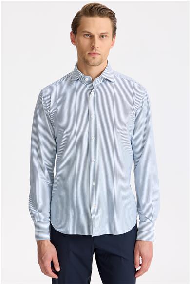 Lacivert Çizgili Teknik Kumaş Gömlek