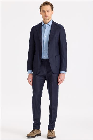 Lacivert Çizgili Yün Flanel Takım Elbise