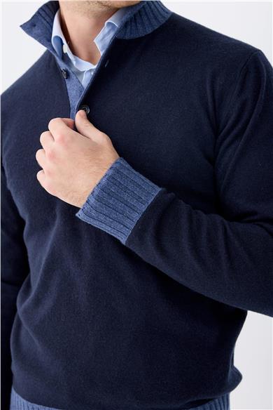 Lacivert Düğmeli Trio Yaka Kaşmir Kazak