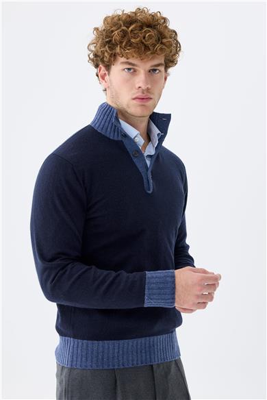 Lacivert Düğmeli Trio Yaka Kaşmir Kazak