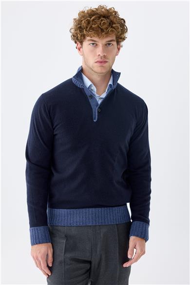 Lacivert Düğmeli Trio Yaka Kaşmir Kazak