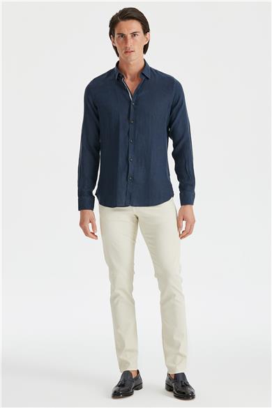 Lacivert Erkek Keten Gömlek