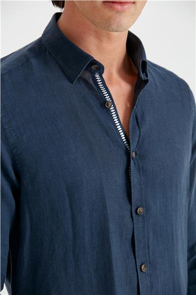 Lacivert Erkek Keten Gömlek
