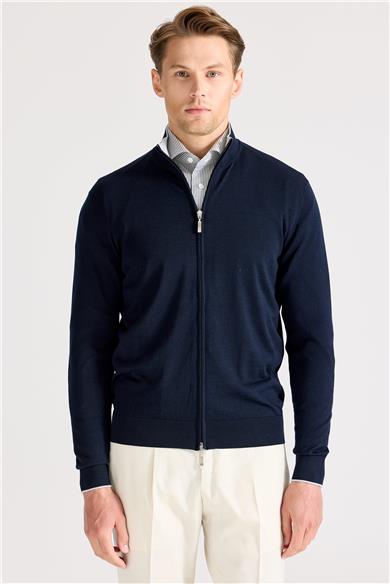 Lacivert Fermuarlı Pamuk İpek Hırka