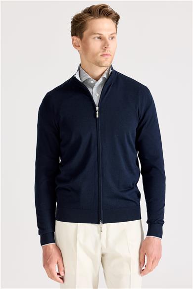 Lacivert Fermuarlı Pamuk İpek Hırka