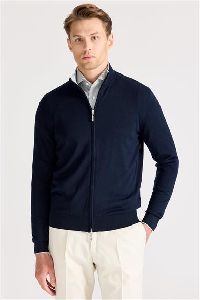 Lacivert Fermuarlı Pamuk İpek Hırka